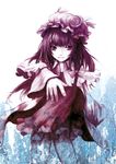  absurdres arm_up bad_id bad_pixiv_id eruza highres monochrome patchouli_knowledge purple smile solo touhou 