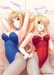  ;d animal_ears armpits arms_behind_head bare_shoulders blonde_hair breasts bunny_ears bunnysuit cleavage detached_collar ellen_aice fishnet_pantyhose fishnets green_eyes hand_on_hip himukai_kyousuke lilia_kjellberg medium_breasts multiple_girls muvluv muvluv_alternative one_eye_closed open_mouth pantyhose purple_eyes smile wrist_cuffs 