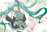  aqua_eyes aqua_hair detached_sleeves hatsune_miku headset long_hair necktie nekomura_otako skirt solo stuffed_animal stuffed_toy teddy_bear thighhighs twintails very_long_hair vocaloid 