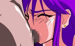  animated animated_gif blush censored cum cum_in_mouth earrings eyes_closed fellatio forced jewelry lipstick long_hair makeup oral penis purple_hair saki_(viper_f40) sex topless viper viper_f40 