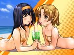  ^_^ akiba_youko bikini blush breasts brown_eyes brown_hair cleavage closed_eyes couple drink fang fingernails flat_chest hairband hands highres holding_hands ice ice_cube interlocked_fingers kamia_(not_found) kurumi_mayu lying melon_soda multiple_girls ocean on_stomach original short_twintails small_breasts swimsuit twintails yuri 