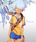  blue_hair dark_skin dark_skinned_male genderswap genderswap_(ftm) hair_over_one_eye hoochi_(tulipdara) inazuma_eleven inazuma_eleven_(series) inazuma_eleven_go kurama_norihito male_focus snake soccer_uniform solo sportswear 