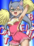  animal_ears arm_up armpits awa breasts cathy_(yuu-gi-ou_zexal) cheerleader covered_nipples crop_top glasses green_eyes long_hair medium_breasts one_eye_closed open_mouth pleated_skirt pom_poms silver_hair skirt solo yuu-gi-ou yuu-gi-ou_zexal 