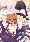  apron badge bed bed_sheet black_legwear blush button_badge candy collarbone daisy_(working!!) food inato_serere jelly_bean looking_at_viewer lying object_hug purple_eyes purple_hair skirt smile solo stuffed_animal stuffed_toy teddy_bear thighhighs uniform upside-down working!! yamada_aoi 
