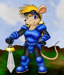  blonde_hair blue blue_eyes dragonofdarkness13 hair konami mammal marsupial opossum rocket_knight_adventures sparkster sword weapon 