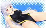  arm_support breasts cameltoe competition_swimsuit katatsuka_kouji large_breasts legs long_hair lying lyrical_nanoha mahou_shoujo_lyrical_nanoha mahou_shoujo_lyrical_nanoha_a's one-piece_swimsuit red_eyes reinforce silver_hair skin_tight solo spread_legs swimsuit thighs 