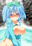  blue_eyes blue_hair blush bottomless breasts breasts_outside hair_bobbles hair_ornament hat kawashiro_nitori large_breasts nipples no_bra solo tears touhou two_side_up water waterfall wet yuzutei 