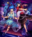  blue_eyes blue_hair brown_eyes dress hair_ornament hair_rings hair_stick hat jiangshi kaku_seiga kogiso miyako_yoshika multiple_girls ofuda outstretched_arms shawl short_hair skirt smile star touhou zombie_pose 