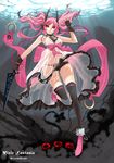  absurdres arm_up black_legwear black_panties fingerless_gloves gloves highres lace lace-trimmed_panties legs long_legs panties pink_hair pixiv_fantasia pixiv_fantasia_wizard_and_knight realmbw red_eyes see-through solo thighhighs thighs twintails underwater underwear 