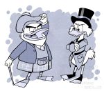  2018 4_fingers abstract_background anthro avian bird bottomless cane clothed clothing corgi_(artist) crossed_arms disney duck ducktales duo eyewear feathers fist_pump flintheart_glomgold glasses greyscale hat kilt male monochrome open_mouth open_smile pince-nez raised_arm scrooge_mcduck smile standing top_hat watermark webbed_feet white_feathers 
