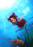  :d alternate_color alternate_element antennae bad_id bad_pixiv_id bow brown_eyes cirno commentary dress ebiebiebio fairy hair_bow jellyfish looking_at_viewer open_mouth outstretched_arms red_dress red_hair ribbon short_hair shrimp smile solo spread_arms touhou underwater 