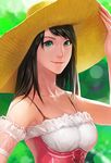  black_hair bra_strap frills green_eyes hat long_hair nudtawut_thongmai original solo straw_hat 