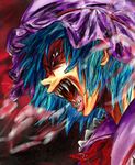  angry blue_hair evyngr face hat open_mouth red_eyes remilia_scarlet sharp_teeth short_hair solo teeth touhou transformation vampire 
