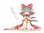  animal_ears ascot bad_id bad_pixiv_id black_hair blush bow cat_ears cat_tail collar detached_sleeves dress fang grey_eyes hair_bow hair_tubes hakurei_reimu kemonomimi_mode leash open_mouth pasutel red_dress ribbon sitting solo tail tail_ribbon touhou translated v_arms 