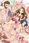  absurdres arm_support barefoot bikini blue_hair breasts brown_hair cleavage crown feet futami_ami highres idolmaster idolmaster_(classic) iizuka_haruko legs long_hair looking_at_viewer lying medium_breasts megami minase_iori miura_azusa multiple_girls navel non-web_source official_art on_back on_side open_mouth pillow ponytail purple_eyes ribbon ryuuguu_komachi scan short_hair small_breasts swimsuit very_long_hair 