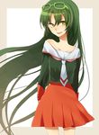  :d bad_id bad_pixiv_id character_request copyright_request glasses green_eyes green_hair kutsushita_(tokati_r) long_hair necktie off_shoulder open_mouth school_uniform smile solo 