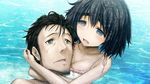  bikini black_hair cleavage game_cg huke male okabe_rintarou shiina_mayuri short_hair steins;gate swimsuit water wet 