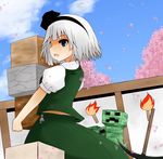  arano_oki blue_eyes cherry_blossoms creeper hair_ribbon konpaku_youmu minecraft petals ribbon silver_hair solo touhou 