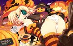  2011 :p ass blonde_hair blush broom broom_riding dated detached_sleeves ghost green_eyes halloween hat jack-o'-lantern original panties pointy_ears pumpkin sakaki_(noi-gren) short_hair solo striped striped_legwear sunset thighhighs tongue tongue_out trick_or_treat underwear white_panties witch_hat 