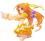  1girl bow bubble_skirt circlet cropped_legs cure_muse_(yellow) dodory eyelashes fairy_tone hair_ribbon heart long_hair magical_girl orange_hair orange_skirt precure red_eyes ribbon shirabe_ako skirt smile suite_precure takoyaki_neko-san white_background yellow yellow_bow 