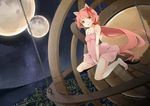  animal_ears armillary_sphere bad_id bad_pixiv_id barefoot bow brown_eyes cat_ears chain cityscape colored_eyelashes dress dutch_angle fake_animal_ears hair_bow hair_ribbon hat highres long_hair moon multiple_moons nekomura_iroha night pink_hair ponytail ribbon sky solo very_long_hair vocaloid yuu_(kyuutai_kansetsu) 