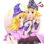  2girls ass blonde_hair blue_eyes blush blush_sticker blush_stickers breast_grab breasts dark_magician_girl detached_sleeves duel_monster gagaga_girl grabbing hat long_hair multiple_girls open_clothes open_shirt red_eyes shirt short_hair skirt smile yu-gi-oh! yu-gi-oh!_zexal yuri yuu-gi-ou_duel_monsters yuu-gi-ou_zexal 