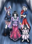  animal_ears bad_id bad_pixiv_id black_hair blue_eyes braid breasts bunny_ears constellation highres houraisan_kaguya inaba_tewi large_breasts long_hair looking_at_viewer momo_(goldpresso) multiple_girls necktie purple_hair red_eyes reisen_udongein_inaba short_hair silver_hair skirt touhou trigram yagokoro_eirin 