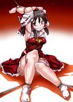  ankle_socks armpits arms_up ascot bdsm bondage bound breasts brown_eyes brown_hair cleave_gag cloth_gag detached_sleeves gag gagged hakurei_reimu improvised_gag lilish medium_breasts shibari sitting skirt solo sweat tabi tears touhou 