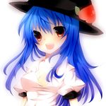  bad_id bad_pixiv_id blue_hair breasts cleavage hat hinanawi_tenshi large_breasts long_hair nayuta_(scarlet-noize) open_clothes open_shirt red_eyes shirt solo teeth touhou 
