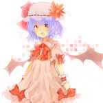  bad_id bad_pixiv_id bat_wings bow bowtie flower hair_flower hair_ornament hat kutsushita_(tokati_r) open_mouth purple_hair red_eyes remilia_scarlet ribbon short_hair simple_background solo touhou wings wrist_cuffs 