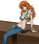  bikini bracelet denim earrings female jeans jewelry long_hair looking_at_viewer nami nami_(one_piece) navel one_piece orange_eyes orange_hair pants sabaody_archipelago sitting swimsuit tattoo 