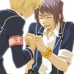  ^_^ akano_n alternate_costume black_hair blonde_hair closed_eyes colored_eyelashes fist_bump flynn_scifo male_focus multiple_boys school_uniform smile tales_of_(series) tales_of_vesperia white_background yuri_lowell 