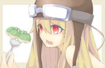  bad_id bad_pixiv_id bakemonogatari blonde_hair doughnut eating face food fork goggles goggles_on_head holding holding_fork long_hair monogatari_(series) oshino_shinobu pon_de_double_maccha pon_de_ring red_eyes slit_pupils solo tsunotsuki_(uguisu_maccha) 