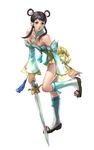  absurdres alternate_costume brown_eyes brown_hair chinese_clothes detached_sleeves dress flower hair_rings highres jewelry kawano_takuji official_art short_dress socks solo soulcalibur soulcalibur_v strapless strapless_dress sword weapon yan_leixia 