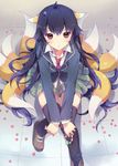  black_hair floor fox_tail looking_up multi_tails multiple_tails nine_tails red_eyes sitting tail 