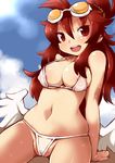  bikini breasts cameltoe cleavage cloud day fat_mons goggles goggles_on_head large_breasts lens_flare lillithlauda long_hair low_wings navel open_mouth red_eyes red_hair shinrabanshou shiten_rekka_karin sky smile solo strap_gap swimsuit wings 