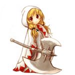  akikan_(watashi_no_sekai) axe battle_axe blonde_hair final_fantasy final_fantasy_tactics flying_sweatdrops gloves hood huge_weapon long_hair red_eyes robe simple_background smile solo twintails waving weapon white_mage white_mage_(fft) 