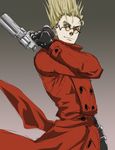  1boy artist_request blonde_hair blue_eyes coat doubleleaf gb_(doubleleaf) glasses gloves gun handgun high_collar long_coat male male_focus red_coat revolver short_hair simple_background smile solo spiked_hair spiky_hair sunglasses trigun vash_the_stampede weapon weapons 