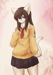  anthro black_nose blush breasts brown_hair cat clothed clothing feline female fur hair half-closed_eyes kumainu long_brown_hair long_hair looking_at_viewer mammal necktie purple_eyes shirt skirt small_breasts solo standing sweater thighs white_body white_fur 
