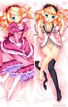  blonde_hair blue_eyes blush bottomless bow breasts character_request cleavage dakimakura frills nipples no_panties pussy see-through source_request thighhighs uncensored wink 