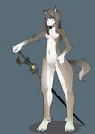  &#26449;&#31070;&#12514;&#12490;&#12467; ????? anthro blue_eyes breasts cat feline female looking_at_viewer mammal midriff naturally_censored navel nude plain_background pose simple_background solo standing sword weapon 
