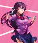  aco_(koaya_ako) bakemonogatari breasts long_hair medium_breasts monogatari_(series) purple_eyes purple_hair school_uniform scissors senjougahara_hitagi skirt solo stapler 