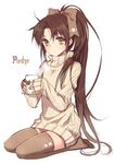  bow brown_hair cup hair_bow long_hair manle original ponytail seiza simple_background sitting solo sweater thighhighs turtleneck yellow_eyes 