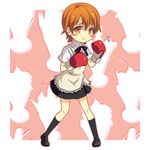  :&lt; apron blush_stickers boxing_gloves inami_mahiru kneehighs kouji_(campus_life) orange_eyes orange_hair skirt solo uniform working!! 