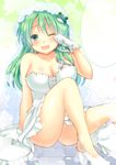  arm_support bare_legs bare_shoulders blank_speech_bubble blush breasts cleavage dress frog gloves green_eyes green_hair hair_ornament high_heels kochiya_sanae large_breasts long_hair one_eye_closed open_mouth saki_chisuzu shoes sitting snake solo speech_bubble strapless strapless_dress tears touhou veil wedding_dress 