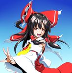 :d ascot bare_shoulders black_hair bow detached_sleeves gradient gradient_background hair_bow hair_tubes hakurei_reimu kentairui long_hair open_mouth orange_eyes outstretched_arm smile solo touhou upper_body 