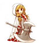  akikan_(watashi_no_sekai) axe blonde_hair final_fantasy final_fantasy_tactics gloves hair_over_shoulder hood long_hair open_mouth red_eyes robe simple_background smile solo twintails waving weapon white_mage white_mage_(fft) 
