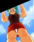  blue_eyes blush breasts bulma cloud dragon_ball dragonball green_hair highres large_breasts long_hair looking_down panties pantyshot side_ponytail skirt sky solo standing underwear upskirt white_panties 