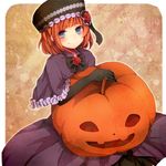  bad_id bad_pixiv_id blue_eyes bow dress elbow_gloves eva_beatrice flower gloves hat highres jack-o'-lantern nigoru orange_hair pumpkin ribbon rose smile solo umineko_no_naku_koro_ni 