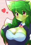  &hearts; abstract_background big_breasts blush breasts cleavage clothed clothing dragon female green_hair hair long_green_hair long_hair looking_at_viewer raijin red_eyes solo 